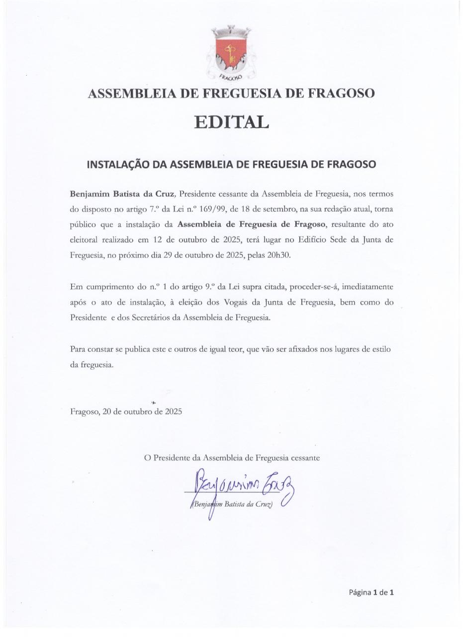 Instala&ccedil;&atilde;o da Assembleia de Freguesia de Fragoso