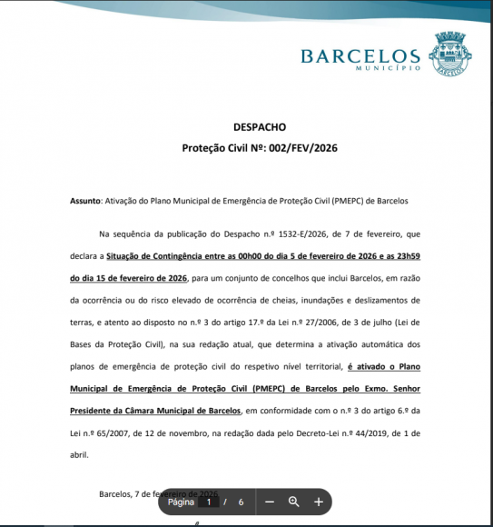 Ativa&ccedil;&atilde;o do Plano Municipal de Emerg&ecirc;ncia e Prote&ccedil;&atilde;o Civil de Barcelos